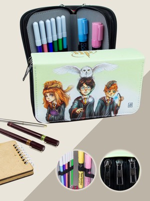 OneSize Kalem Kutusu Anime-Manga Harry Potter Temalı Orginazer  Üç Bölmeli Vegan Deri (Kalemlik)
