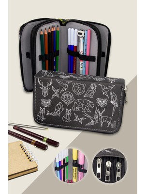 OneSize Kalem Kutusu Geometrik Çizim Orginazer Üç Bölmeli Vegan Deri (Kalemlik)