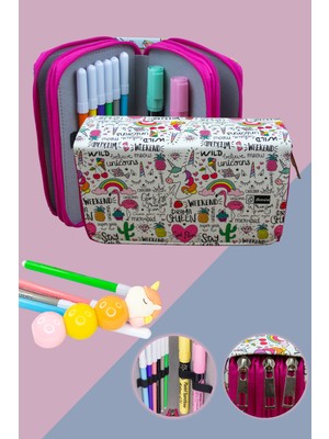 OneSize Kalem Kutusu Queen Unicorn Kawaii Orginazer  Vegan Deri Üç Bölmeli (Kalemlik) Pembe