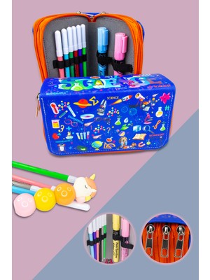 OneSize Kalem Kutusu Science Kids Kawaii Desen Orginazer Üç Bölmeli Vegan Deri (Kalemlik)