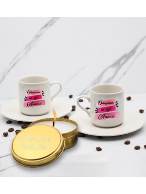 Dünyanın En Iyi Annesi Baskılı 2'Li Türk Kahve Fincanı & Metal Mum Hediye Seti Anneye Hediye T1