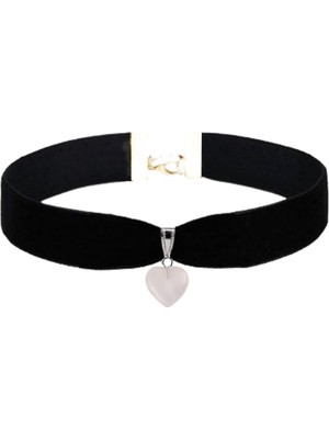 BijuStore Beyaz Kuvars Doğal Taş Kadın Siyah Kadife Choker Kolye