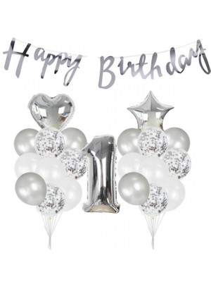 Kidspartim 1 Yaş Gümüş Happy Bırthday Balon Seti