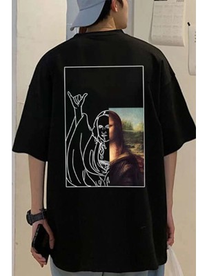 Erkek Siyah Mona Lisa Baskılı Oversize T-Shirt