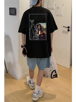 Erkek Siyah Mona Lisa Baskılı Oversize T-Shirt