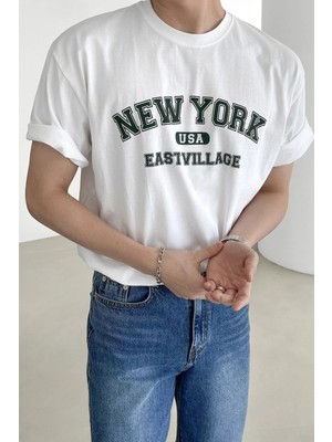  Erkek New York Baskılı Beyaz Oversize T-Shirt