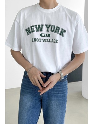  Erkek New York Baskılı Beyaz Oversize T-Shirt