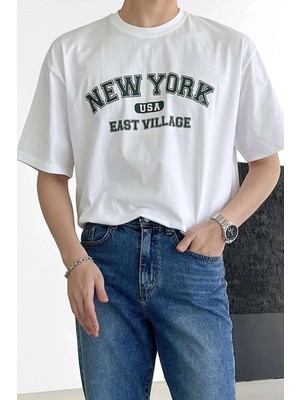  Erkek New York Baskılı Beyaz Oversize T-Shirt