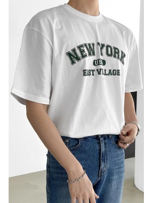  Erkek New York Baskılı Beyaz Oversize T-Shirt