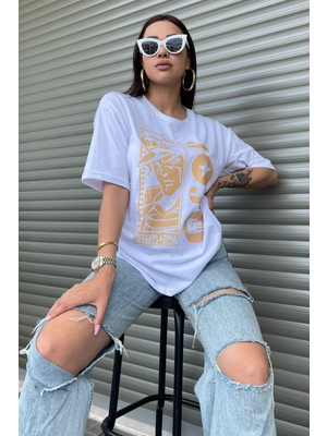 Kadın Star Platina Jojo Baskılı Oversize T-Shirt