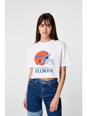 Kadın Florida Baskılı Oversize Beyaz T-Shirt