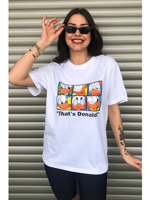 Kadın Donald Duck Baskılı Oversize Beyaz T-Shirt