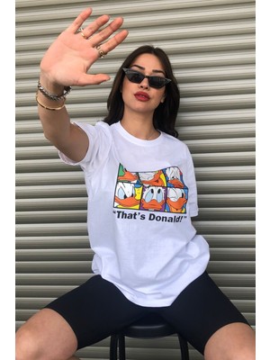 Kadın Donald Duck Baskılı Oversize Beyaz T-Shirt