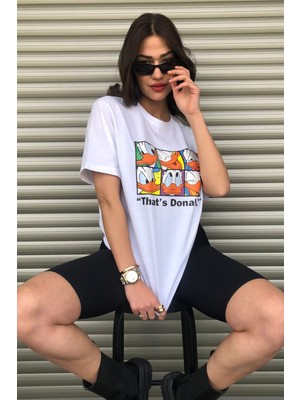 Kadın Donald Duck Baskılı Oversize Beyaz T-Shirt