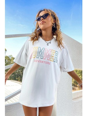 Kadın Summer Baskılı Oversize Beyaz T-Shirt