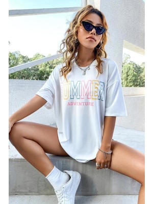 Kadın Summer Baskılı Oversize Beyaz T-Shirt