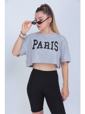 Modagen Kadın Gri Paris Baskılı Crop T-Shirt