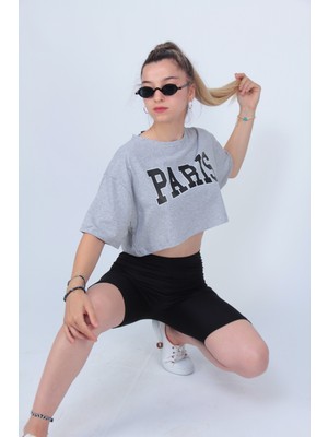 Modagen Kadın Gri Paris Baskılı Crop T-Shirt