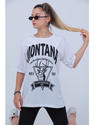 Modagen Kadın Beyaz Montana Baskılı Oversize T-Shirt