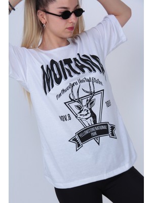 Modagen Kadın Beyaz Montana Baskılı Oversize T-Shirt