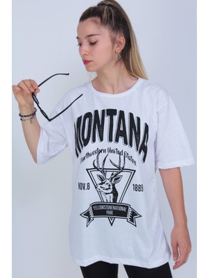 Modagen Kadın Beyaz Montana Baskılı Oversize T-Shirt