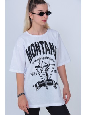 Modagen Kadın Beyaz Montana Baskılı Oversize T-Shirt