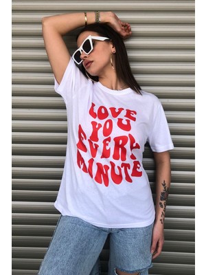 Love You Ever Baskılı Beyaz Logo Oversize T-Shirt