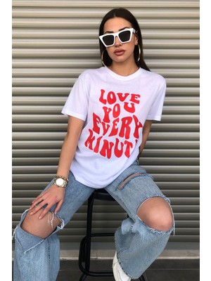 Love You Ever Baskılı Beyaz Logo Oversize T-Shirt