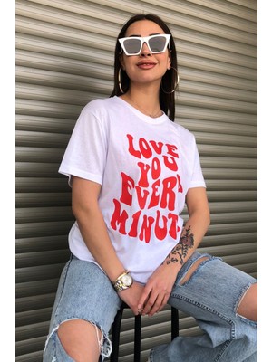 Love You Ever Baskılı Beyaz Logo Oversize T-Shirt