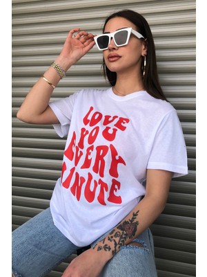 Love You Ever Baskılı Beyaz Logo Oversize T-Shirt