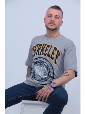 Erkek Gri Berkeley Logo Baskılı Oversize T-Shirt