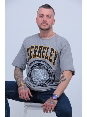 Erkek Gri Berkeley Logo Baskılı Oversize T-Shirt