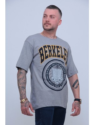 Erkek Gri Berkeley Logo Baskılı Oversize T-Shirt