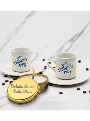 Happy Father's Day Baskılı 2'Li Türk Kahve Fincanı & Metal Mum Hediye Seti Babalar Gününe Özel Hediye B3