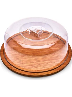Ahşap Tablalı Şeffaf Akrilik Kapak Yuvarlak Kek Fanusu 29cm Büyük Boy Hava Almaz Lüx Pasta Sunumu
