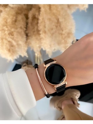 Spectrum Siyah Hasır Mıknatıslı Kordon Taşlı Kasa Dokunmatik Ekran Kadın Saati