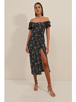 Bigdart 2396 Yırtmaçlı Yazlık Örme Elbise - Y.siyah