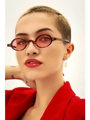 Aurrari Kadın Minimal Retro Oval Pembe Camlı Leopar Güneş Gözlüğü