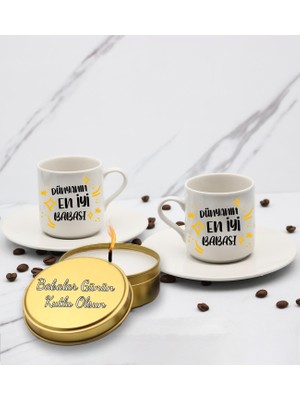 Dünyanın En Iyi Babası Baskılı 2'Li Türk Kahve Fincanı & Metal Mum Hediye Seti Babalar Gününe Özel Hediye B1