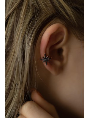 By Barun Kuzey Yıldızı Model Siyah Taşlı Halka 925 Ayar Sıkıştırma Kıkırdak Küpe Earcuff