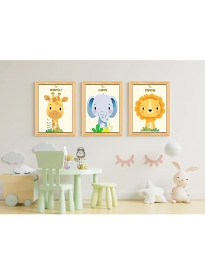 Trend Poster Çocuk Odası Hayvanlar 3'lü Duvar Tablosu Retro Ahşap Poster