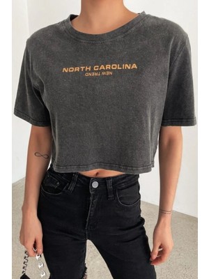 Modagen Kadın Taş Gri Nort Carolina Baskılı Oversize Crop T-Shirt