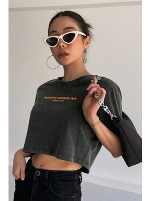 Modagen Kadın Taş Gri Nort Carolina Baskılı Oversize Crop T-Shirt