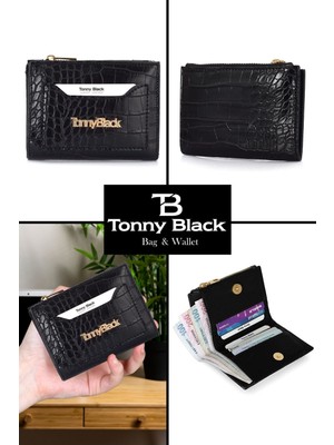 Tonny Black Orijinal Kadın Siyah Timsah Derisi Croco Desenli Mıknatıslı Cüzdanı Kimlik Bölmeli Kredi Kartlıklı Bozuk Para Gözlü Mini Kroko Kartlık Cüzdan