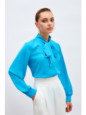 Sateen Yakası Bağlamalı Düz Gömlek - Mavi