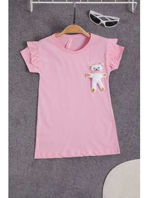 Cansın Mini Pembe Peluş Ayıcıklı Fırfırlı Kız Çocuk T-Shirt 15538