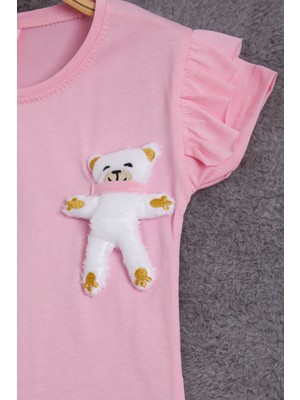 Cansın Mini Pembe Peluş Ayıcıklı Fırfırlı Kız Çocuk T-Shirt 15538