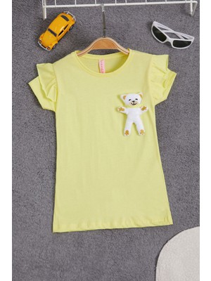 Cansın Mini Sarı Peluş Ayıcıklı Fırfırlı Kız Çocuk T-Shirt 15540