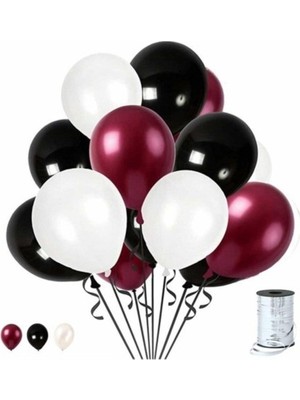 Kidspartim 50 Adet Metalik Bordo Beyaz Siyah Balon 3 Renk