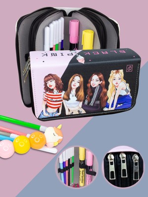 OneSize Kalem Kutusu Black Pink Orginazer Vegan Deri Üç Bölmeli (Kalemlik)